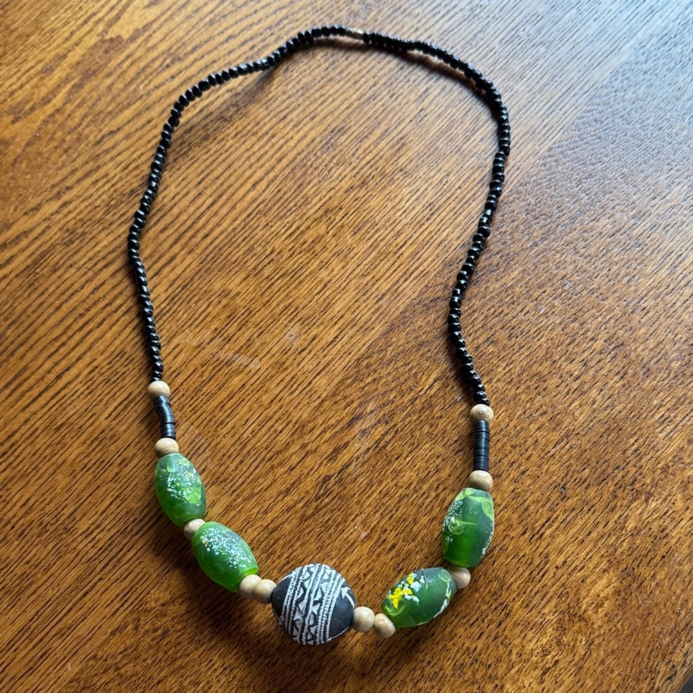 Handcrafted Green Bead Necklace with Black Accent Beads